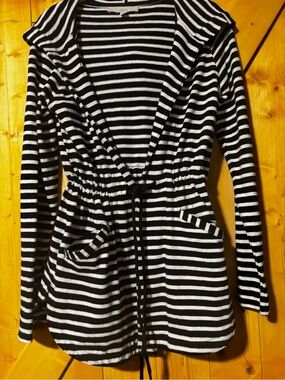 LOFT Striped Knit Hooded Cardigan Jacket Drawstring Waist Black White XS